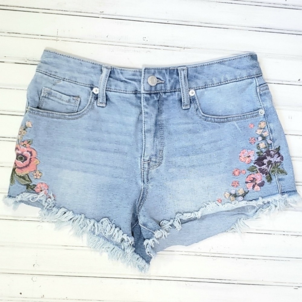 Floral Embroidered High Rise Cutoff Jean Shorts - Picture 1 of 5